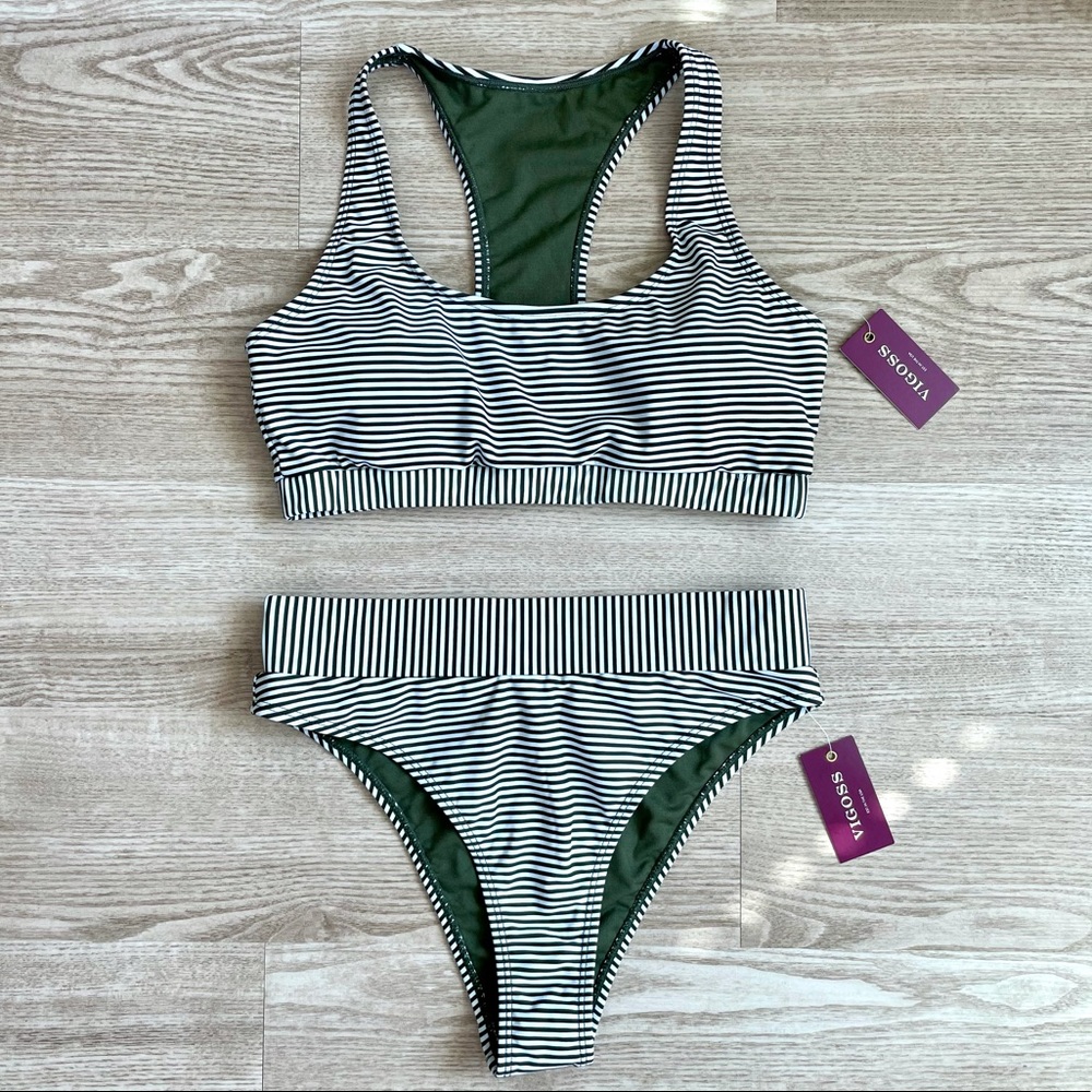Vigoss 2 Piece Bikini Swimsuit Striped High Leg L